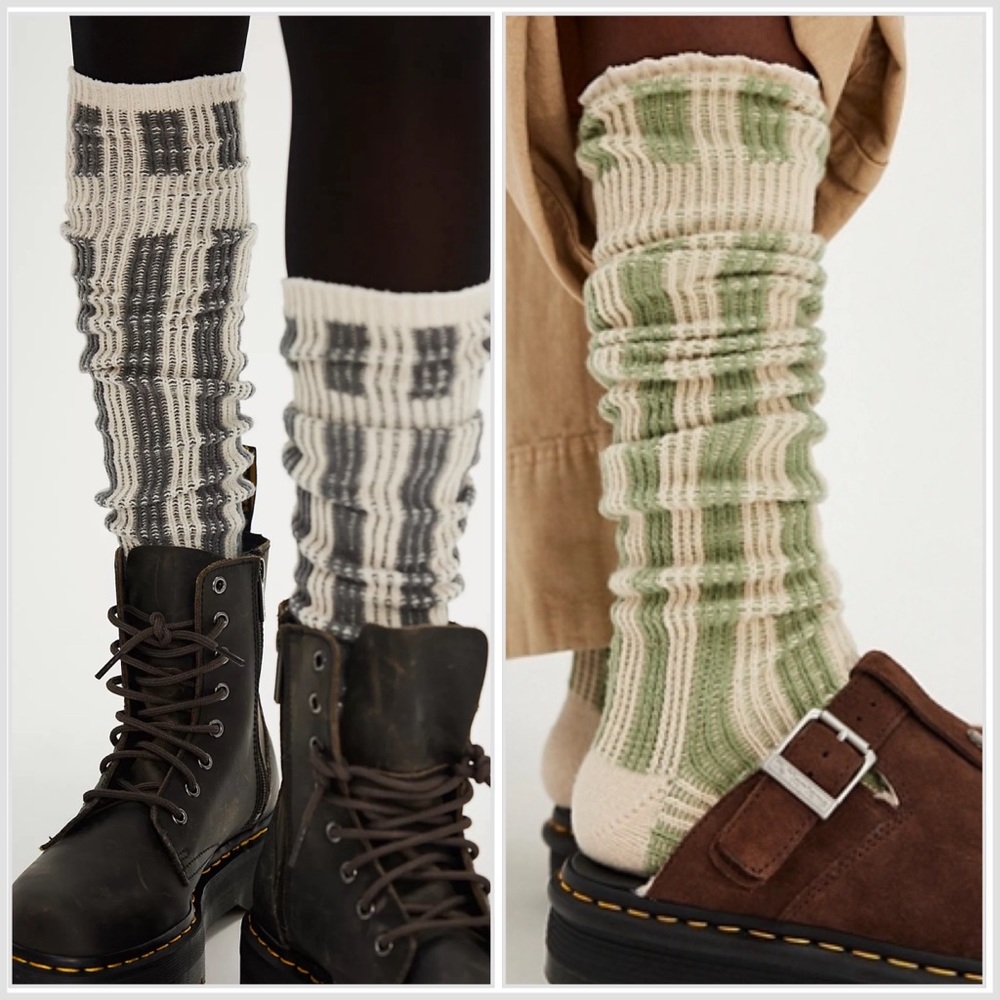 2 Pair Free People Stripe Out Tall Socks Grey Green Ivory Sold Out